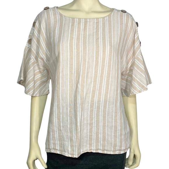 Ellen Tracy Sz M Bell Sleeve Blouse Button Details Neutral Tan Stripes Linen - Picture 1 of 9